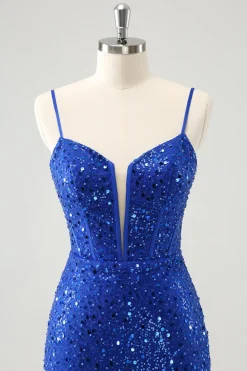 Espartilho azul brilhante apertado curto Homecoming vestido com lantejoulas