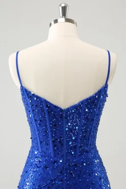 Espartilho azul brilhante apertado curto Homecoming vestido com lantejoulas