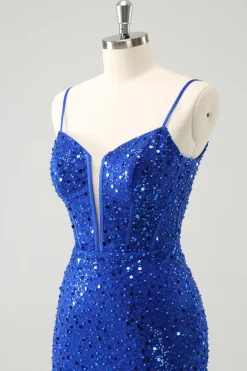 Espartilho azul brilhante apertado curto Homecoming vestido com lantejoulas
