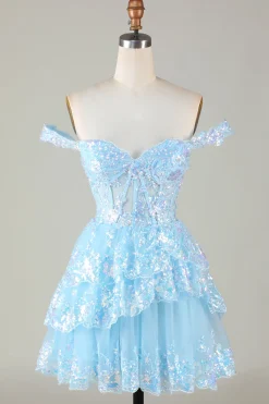 Espartilho Azul Brilhante Tiered Lace A-Line Short Homecoming Dress