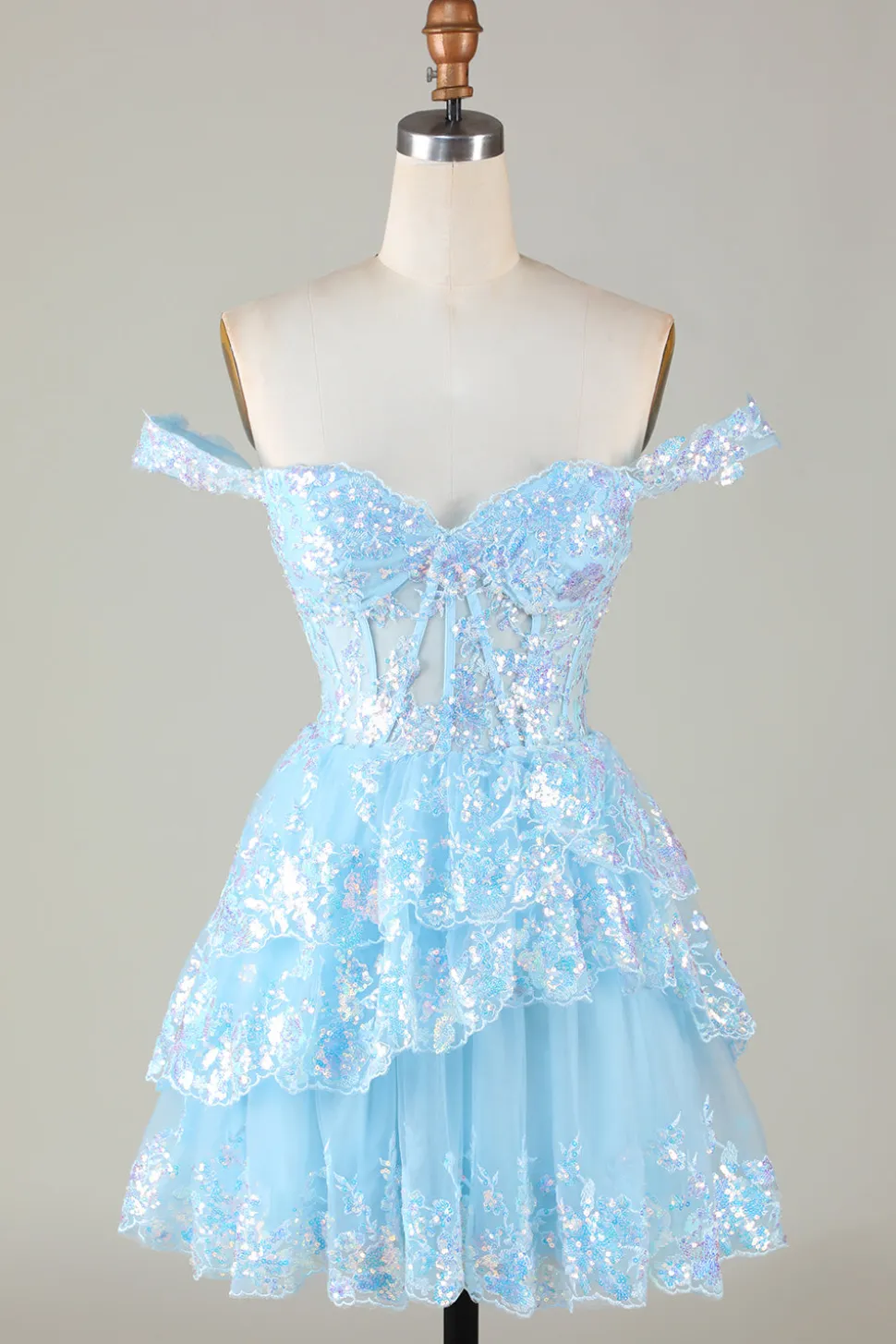 Espartilho Azul Brilhante Tiered Lace A-Line Short Homecoming Dress