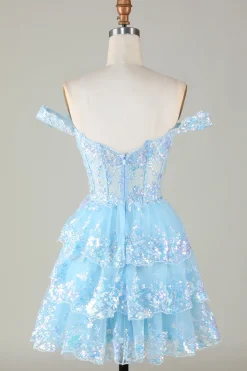 Espartilho Azul Brilhante Tiered Lace A-Line Short Homecoming Dress