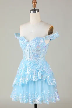 Espartilho Azul Brilhante Tiered Lace A-Line Short Homecoming Dress