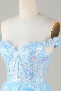 Espartilho Azul Brilhante Tiered Lace A-Line Short Homecoming Dress