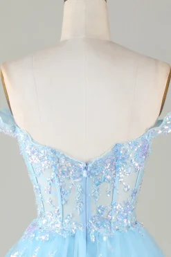 Espartilho Azul Brilhante Tiered Lace A-Line Short Homecoming Dress