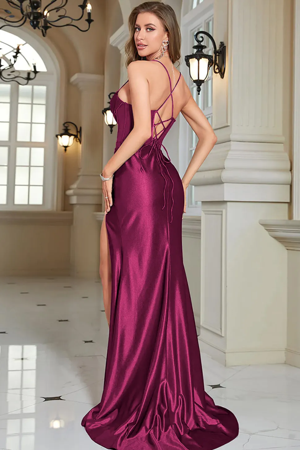 Espartilho azul brilhante vestido longo baile de formatura com fenda