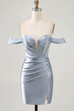 Espartilho Azul Cinzento Bodycon Sem Ombros Mini Vestido Cocktail