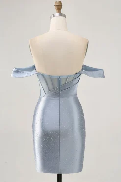 Espartilho Azul Cinzento Bodycon Sem Ombros Mini Vestido Cocktail