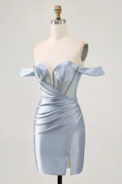Espartilho Azul Cinzento Bodycon Sem Ombros Mini Vestido Cocktail