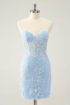 Espartilho Azul Claro Sequins Querida Vestido Curto Apertado Homecoming com Renda Traseira