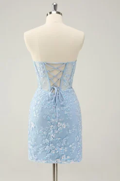 Espartilho Azul Claro Sequins Querida Vestido Curto Apertado Homecoming com Renda Traseira