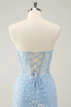Espartilho Azul Claro Sequins Querida Vestido Curto Apertado Homecoming com Renda Traseira