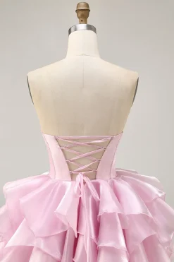 Espartilho azul em camadas Uma linha de vestido sem alças Homecoming com renda para trás