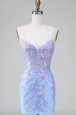 Espartilho Azul Lilás Brilhante Open Back Sequins Short Homecoming Dress com Bordado