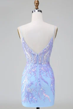 Espartilho Azul Lilás Brilhante Open Back Sequins Short Homecoming Dress com Bordado