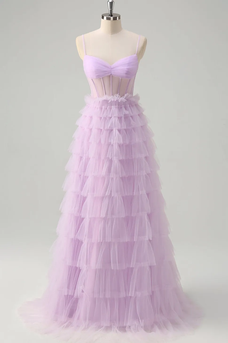 Espartilho Azul Roxo A-Line Tiered Sheer Long Prom Dress com Folhos