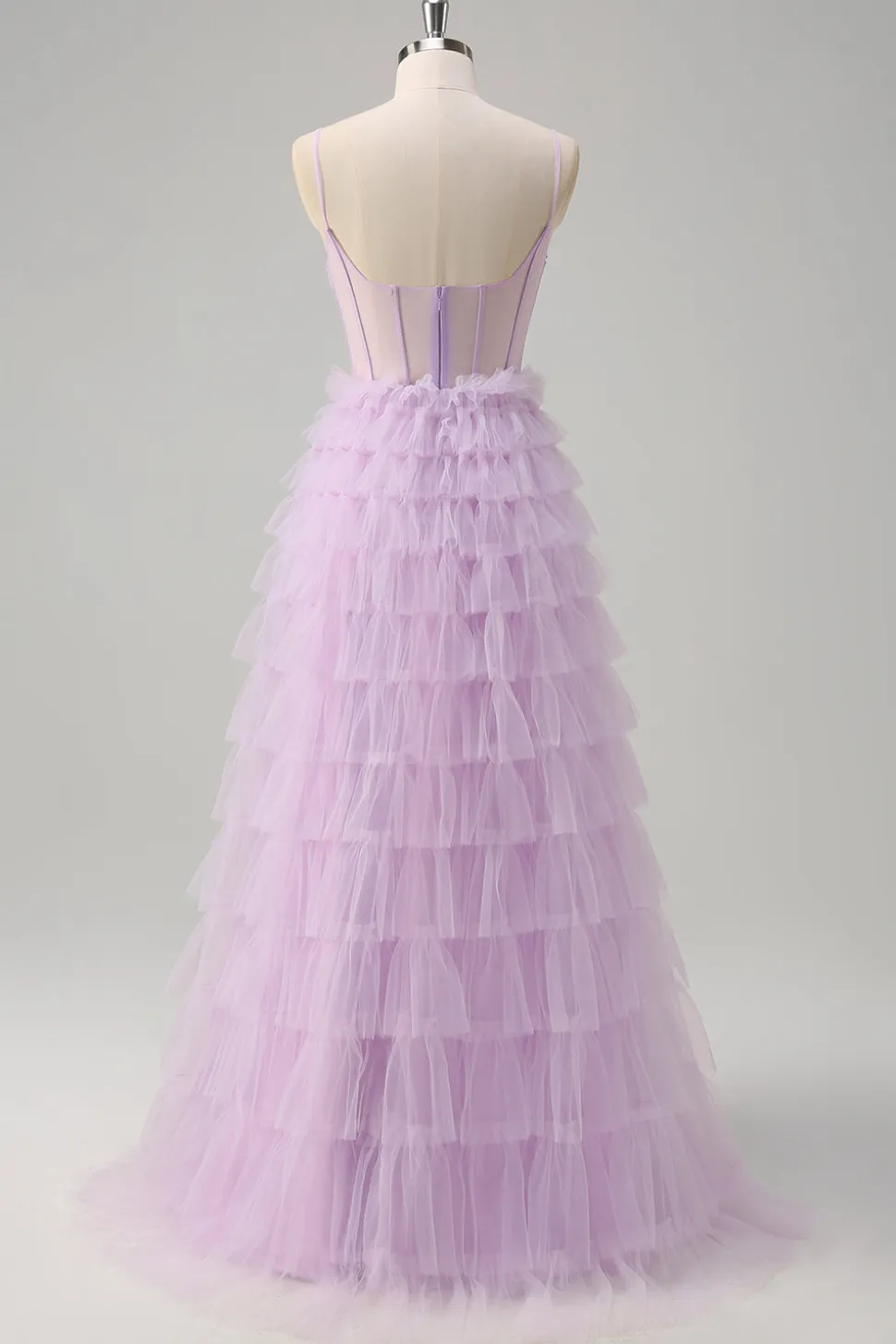 Espartilho Azul Roxo A-Line Tiered Sheer Long Prom Dress com Folhos