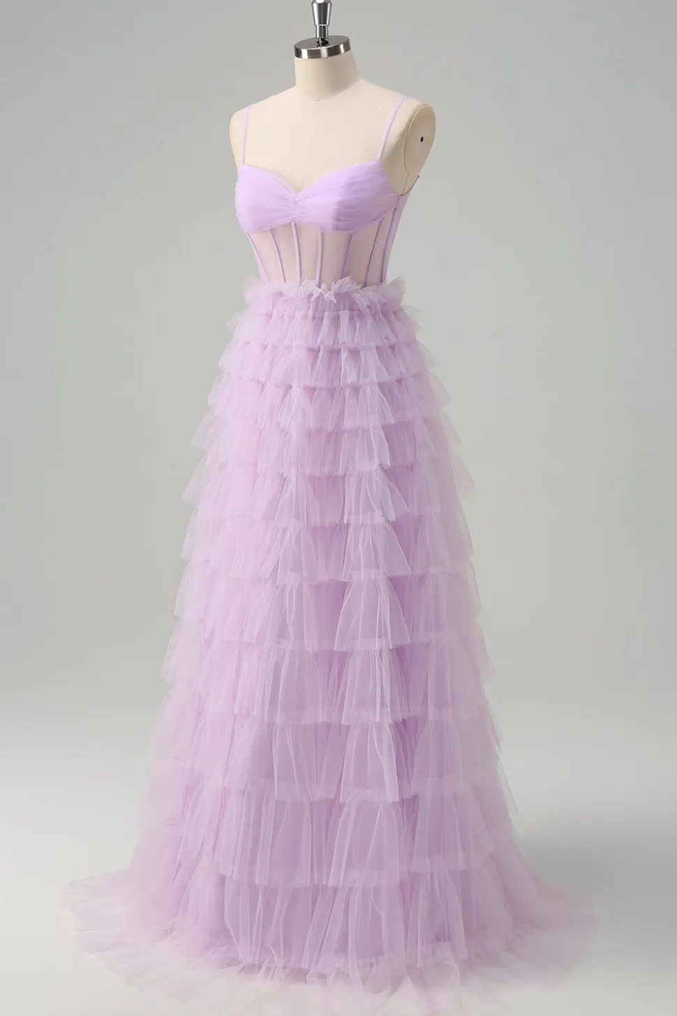 Espartilho Azul Roxo A-Line Tiered Sheer Long Prom Dress com Folhos