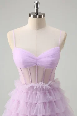 Espartilho Azul Roxo A-Line Tiered Sheer Long Prom Dress com Folhos