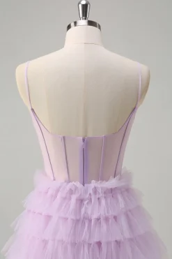 Espartilho Azul Roxo A-Line Tiered Sheer Long Prom Dress com Folhos