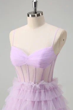Espartilho Azul Roxo A-Line Tiered Sheer Long Prom Dress com Folhos