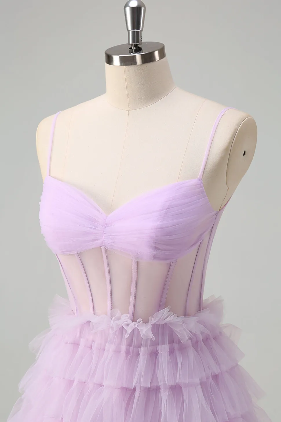 Espartilho Azul Roxo A-Line Tiered Sheer Long Prom Dress com Folhos