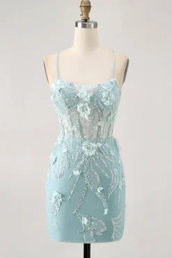 Espartilho Azul Sequins Vestido Bodycon Homecoming Floral