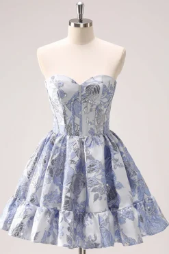Espartilho Azul Uma Linha Querida Vestido Homecoming