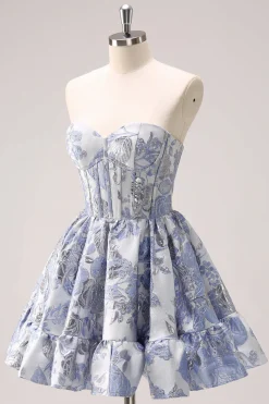 Espartilho Azul Uma Linha Querida Vestido Homecoming