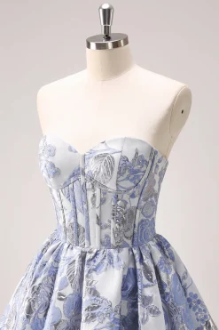 Espartilho Azul Uma Linha Querida Vestido Homecoming