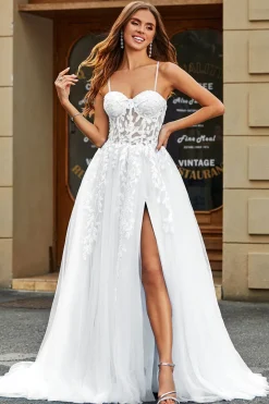 Espartilho Branco A-Line Long Tulle Vestido de Noiva com Fenda