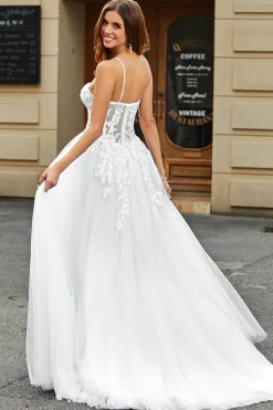 Espartilho Branco A-Line Long Tulle Vestido de Noiva com Fenda