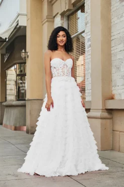 Espartilho branco babado A-Line vestido de noiva com renda