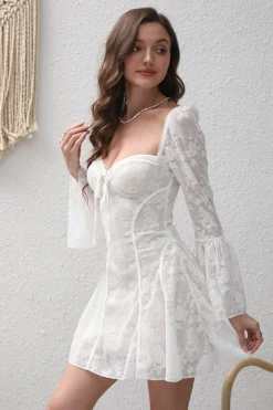 Espartilho Branco Bordado A-Line Mini Vestido de Festa