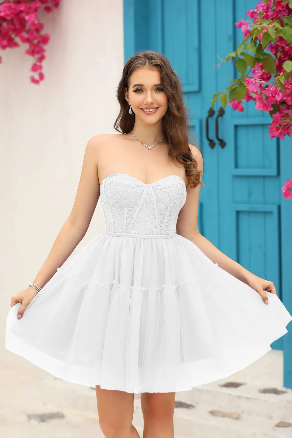 Espartilho Branco Destacável Mangas Longas Vestido Branco Pequeno Vestido Branco