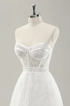 Espartilho branco sem alças vestido de noiva longo em camadas