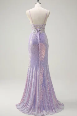 Espartilho brilhante Lilás Sereia Esparguete Correias Vestido de Baile com Fenda