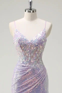 Espartilho brilhante Lilás Sereia Esparguete Correias Vestido de Baile com Fenda