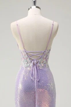 Espartilho brilhante Lilás Sereia Esparguete Correias Vestido de Baile com Fenda
