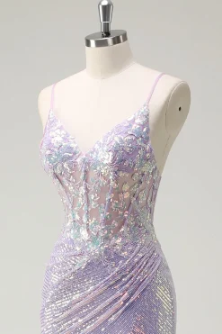 Espartilho brilhante Lilás Sereia Esparguete Correias Vestido de Baile com Fenda