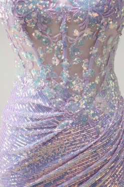 Espartilho brilhante Lilás Sereia Esparguete Correias Vestido de Baile com Fenda