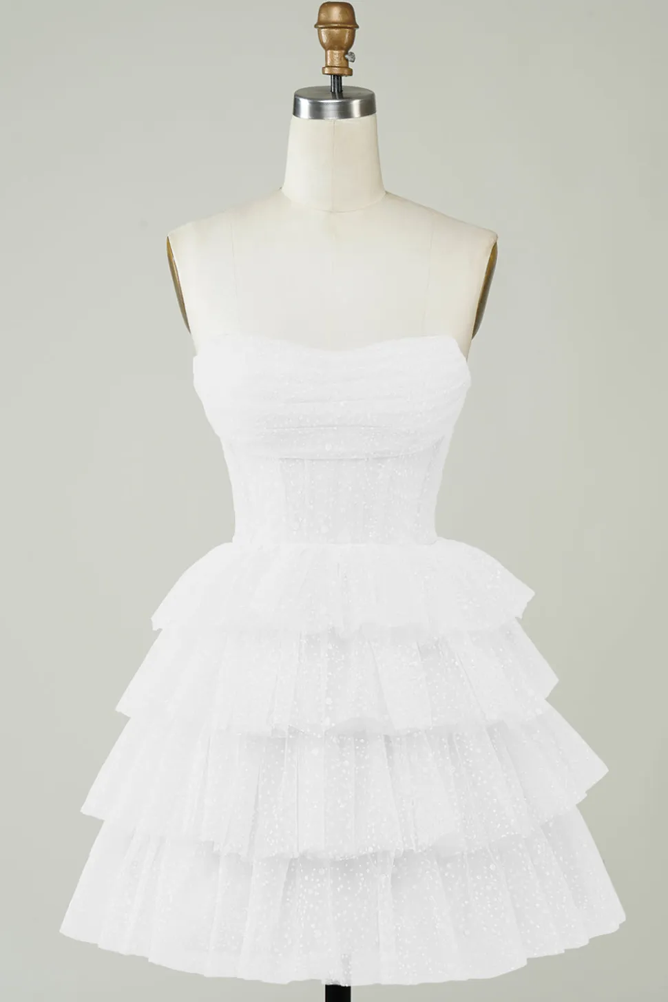Espartilho brilhante vestido branco em camadas