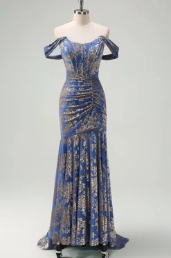 Espartilho cinza azul sereia fora do ombro Ruched longo vestido de dama de honra