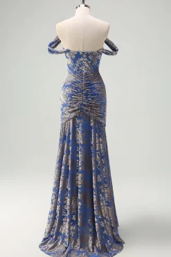 Espartilho cinza azul sereia fora do ombro Ruched longo vestido de dama de honra