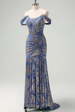 Espartilho cinza azul sereia fora do ombro Ruched longo vestido de dama de honra
