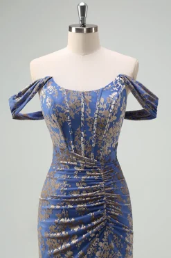 Espartilho cinza azul sereia fora do ombro Ruched longo vestido de dama de honra