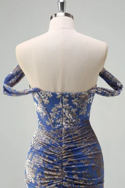 Espartilho cinza azul sereia fora do ombro Ruched longo vestido de dama de honra