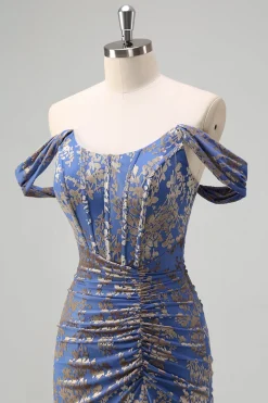 Espartilho cinza azul sereia fora do ombro Ruched longo vestido de dama de honra
