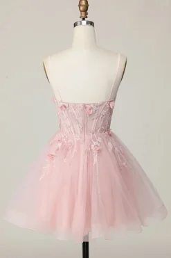 Espartilho cor-de-rosa A Line Short Appliqued Homecoming Dress with Beading
