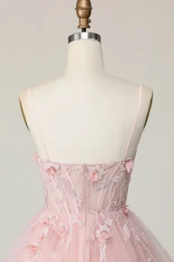 Espartilho cor-de-rosa A Line Short Appliqued Homecoming Dress with Beading